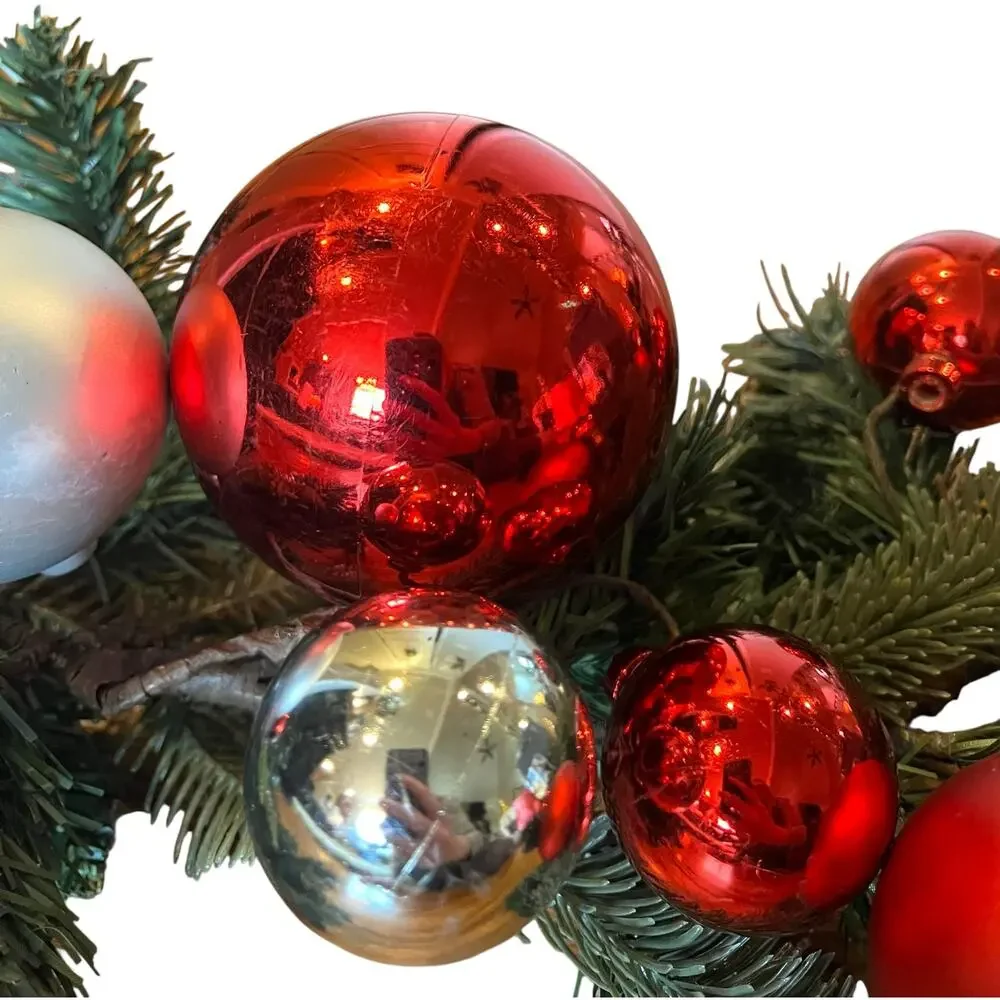 Pottery Barn Christmas Pine Garland Green with Ornament Balls Red Silver 4.5'